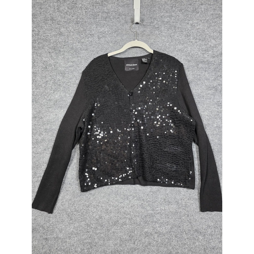Vintage Michael Simon Cardigan Sweater Womens L Black Sequin Beaded V Neck Party